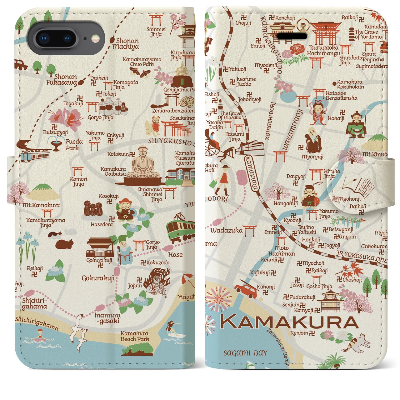 【鎌倉(イラスト)】イラストマップiPhoneケース(手帳タイプ)ブライト・iPhone 8Plus /7Plus / 6sPlus / 6Plus 用