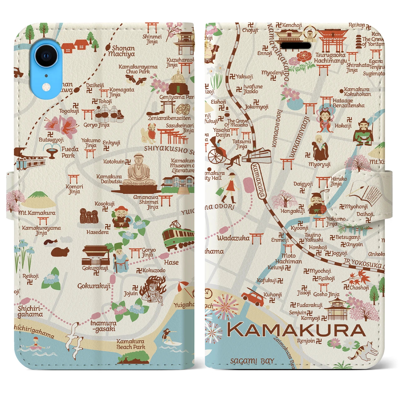 【鎌倉(イラスト)】イラストマップiPhoneケース(手帳タイプ)ブライト・iPhone XR 用