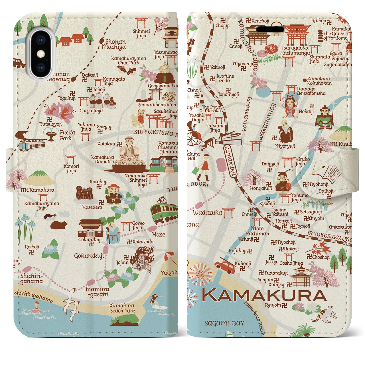 【鎌倉(イラスト)】イラストマップiPhoneケース(手帳タイプ)ブライト・iPhone XS Max 用