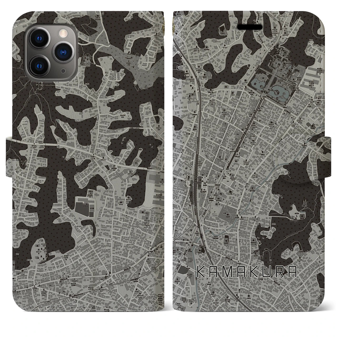 【鎌倉2(神奈川県)】地図柄iPhoneケース(手帳タイプ)モノトーン・iPhone 11 Pro Max 用