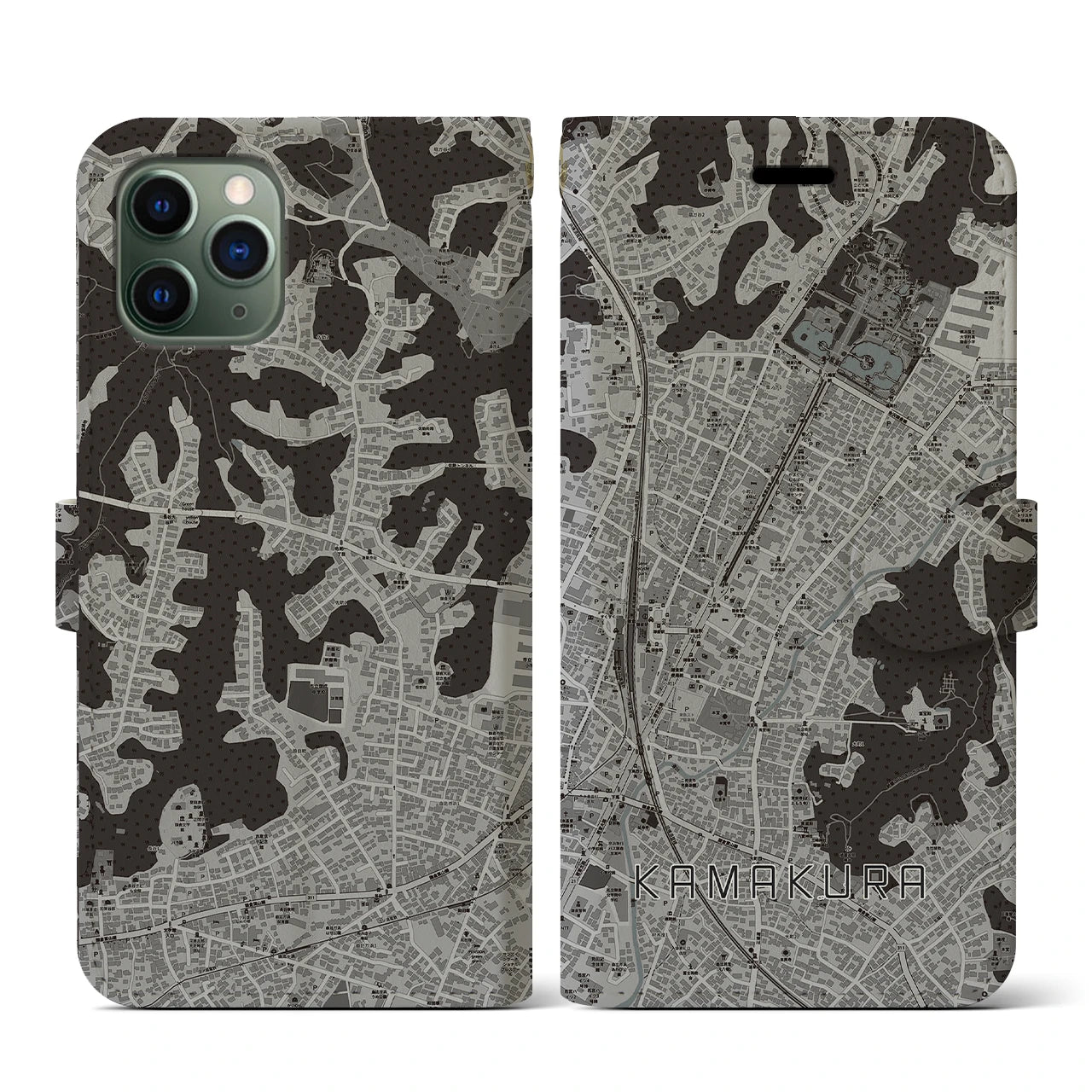 【鎌倉2(神奈川県)】地図柄iPhoneケース(手帳タイプ)モノトーン・iPhone 11 Pro 用