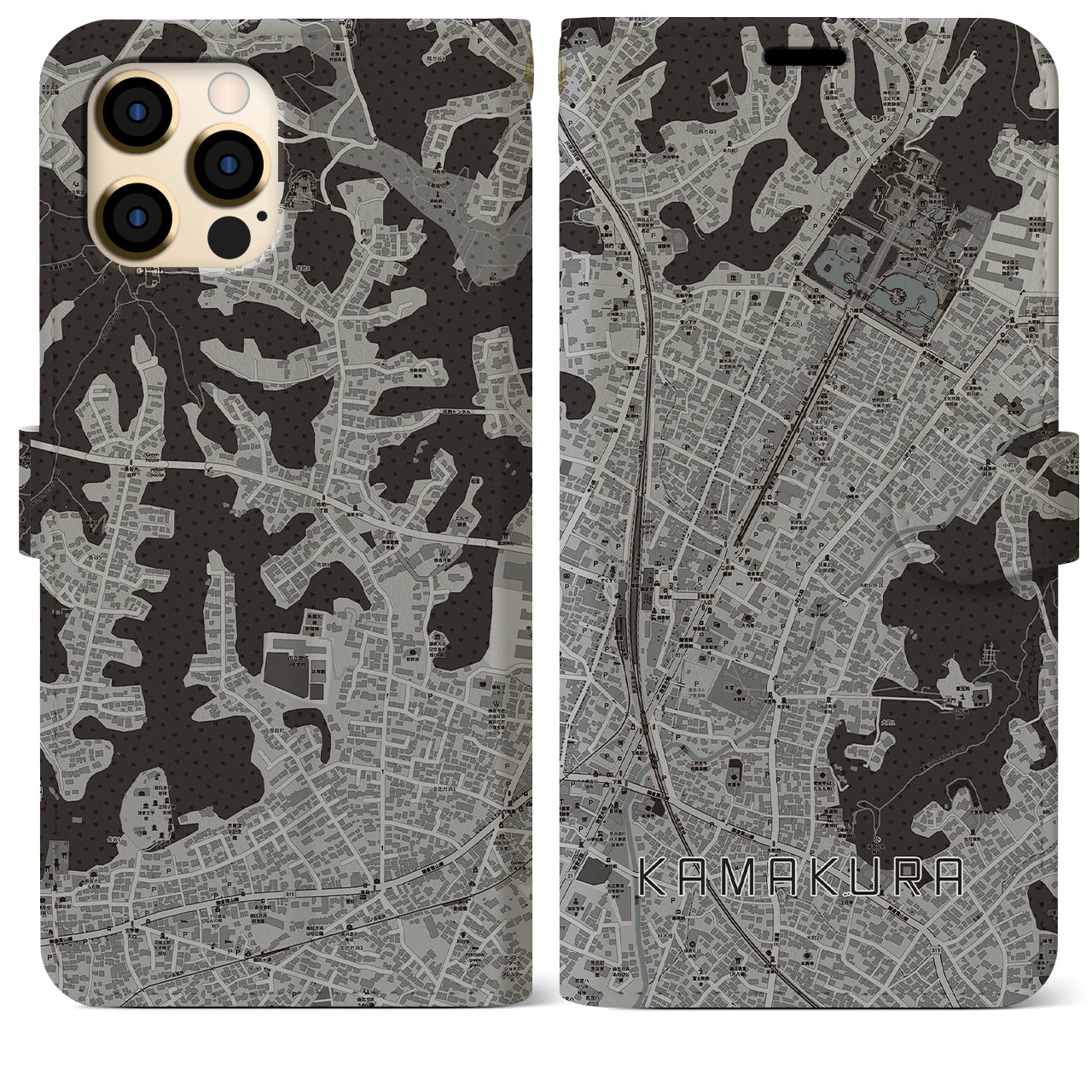 【鎌倉2(神奈川県)】地図柄iPhoneケース(手帳タイプ)モノトーン・iPhone 12 Pro Max 用