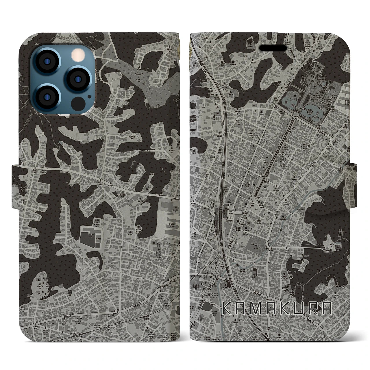 【鎌倉2(神奈川県)】地図柄iPhoneケース(手帳タイプ)モノトーン・iPhone 12 / 12 Pro 用