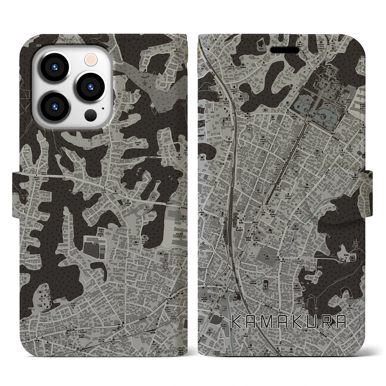 【鎌倉2(神奈川県)】地図柄iPhoneケース(手帳タイプ)モノトーン・iPhone 13 Pro 用