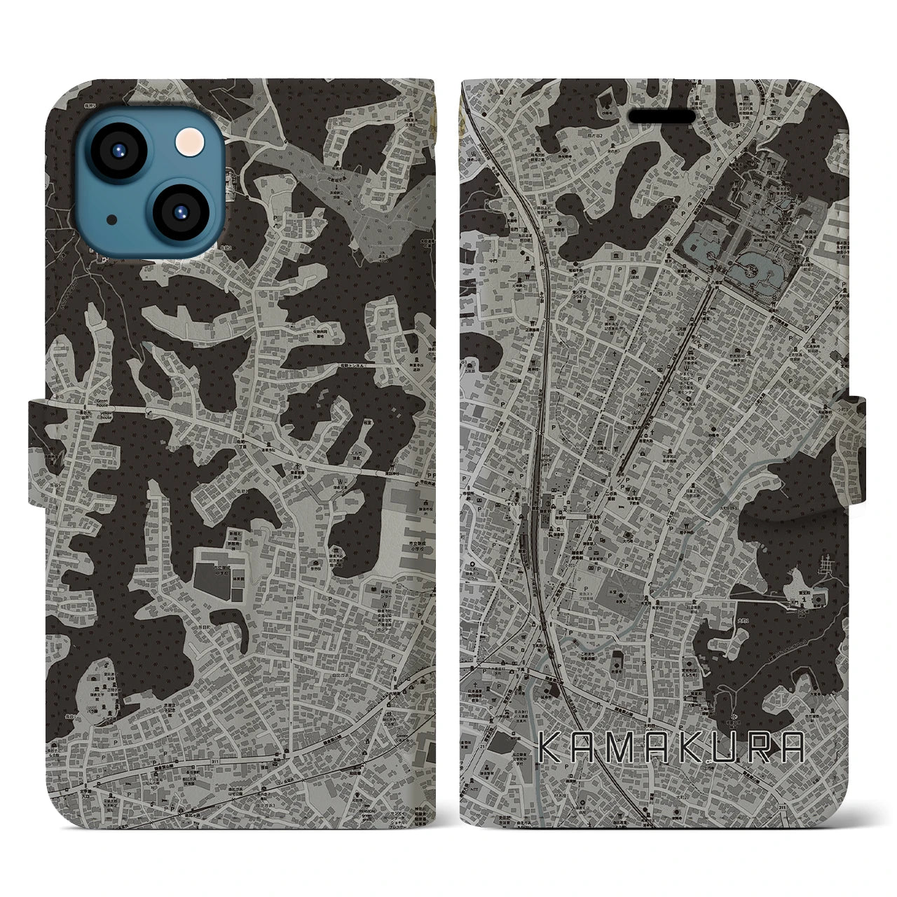 【鎌倉2(神奈川県)】地図柄iPhoneケース(手帳タイプ)モノトーン・iPhone 13 用