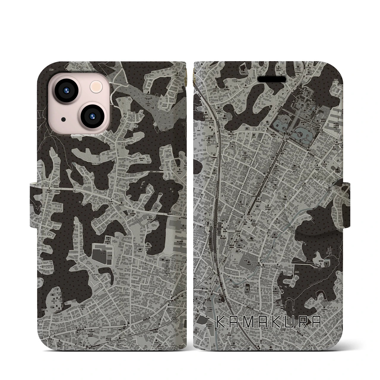 【鎌倉2(神奈川県)】地図柄iPhoneケース(手帳タイプ)モノトーン・iPhone 13 mini 用