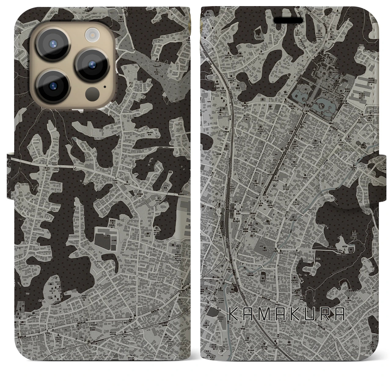 【鎌倉2(神奈川県)】地図柄iPhoneケース(手帳タイプ)モノトーン・iPhone 14 Pro Max 用
