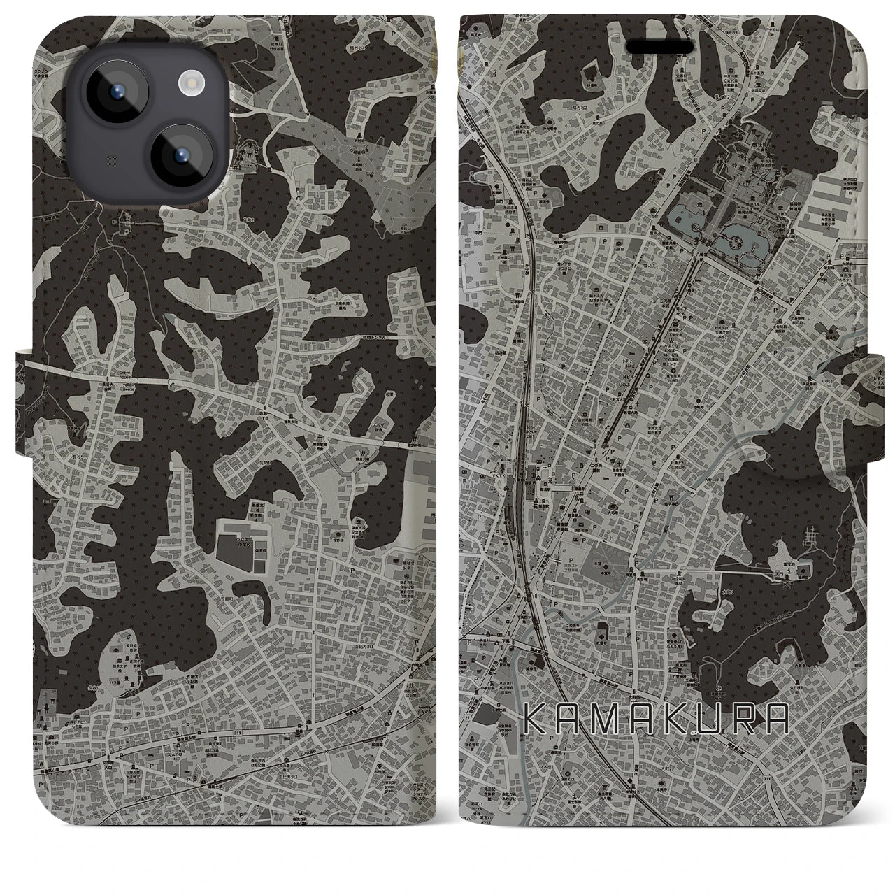 【鎌倉2(神奈川県)】地図柄iPhoneケース(手帳タイプ)モノトーン・iPhone 14 Plus 用