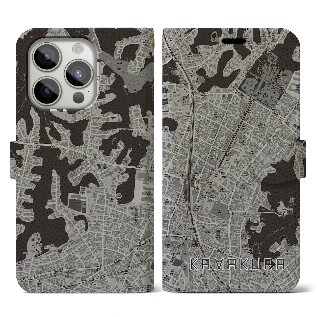 【鎌倉2(神奈川県)】地図柄iPhoneケース(手帳タイプ)モノトーン・iPhone 15 Pro 用