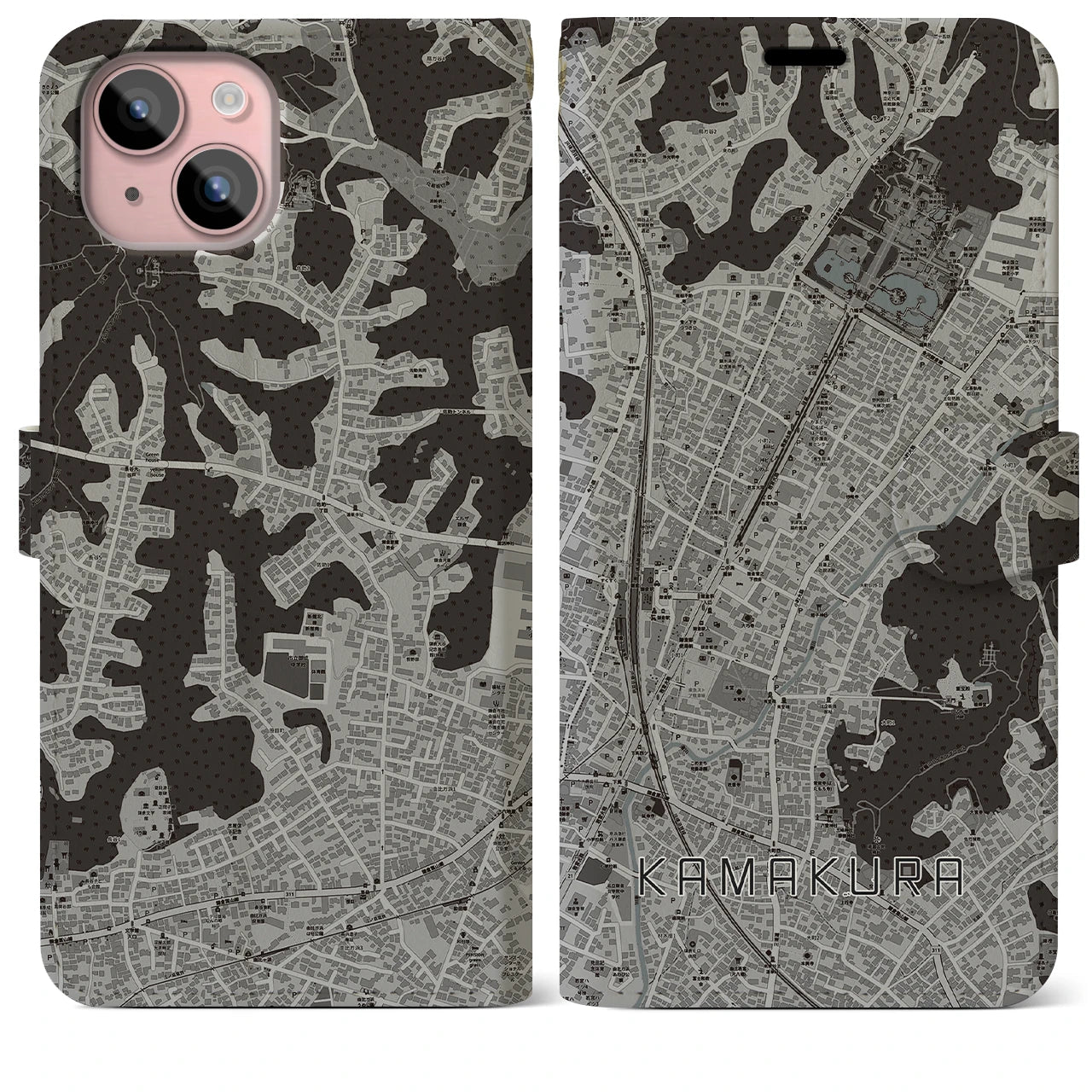 【鎌倉2(神奈川県)】地図柄iPhoneケース(手帳タイプ)モノトーン・iPhone 15 Plus 用
