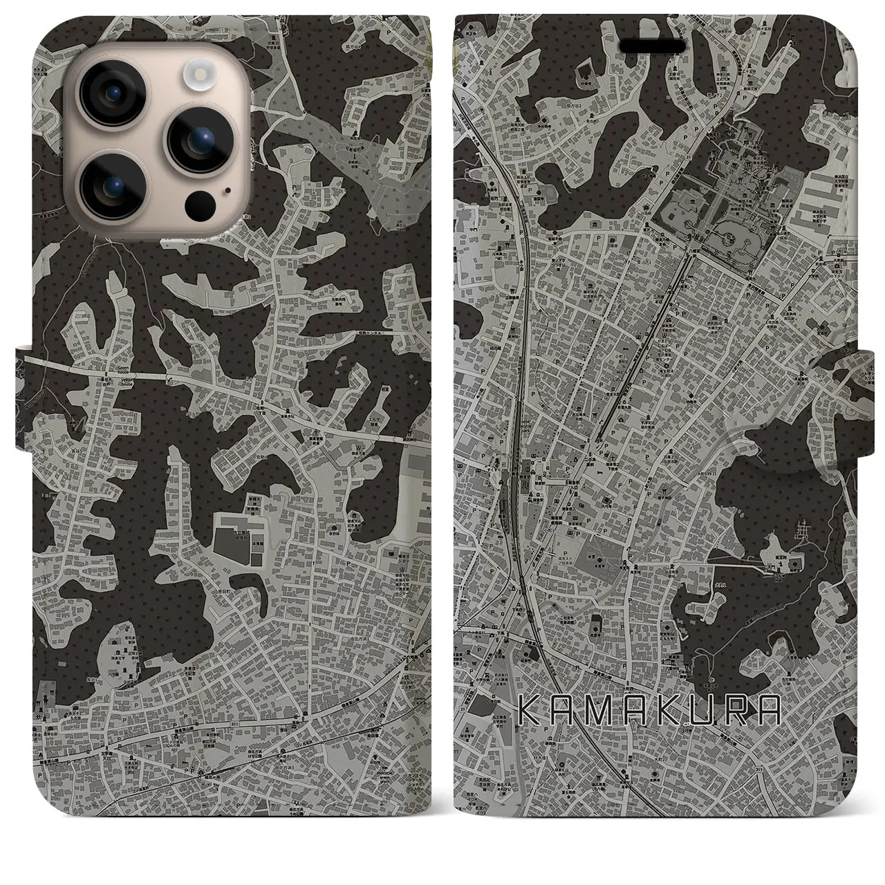【鎌倉2(神奈川県)】地図柄iPhoneケース(手帳タイプ)モノトーン・iPhone 16 Plus 用