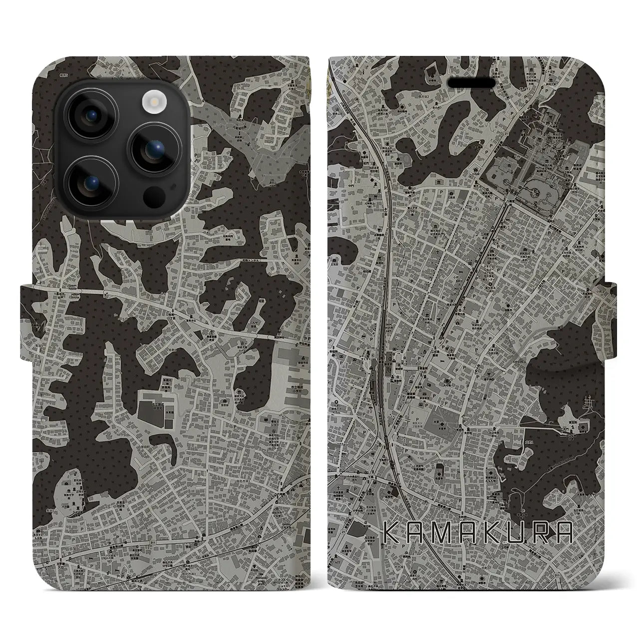 【鎌倉2(神奈川県)】地図柄iPhoneケース(手帳タイプ)モノトーン・iPhone 16 用