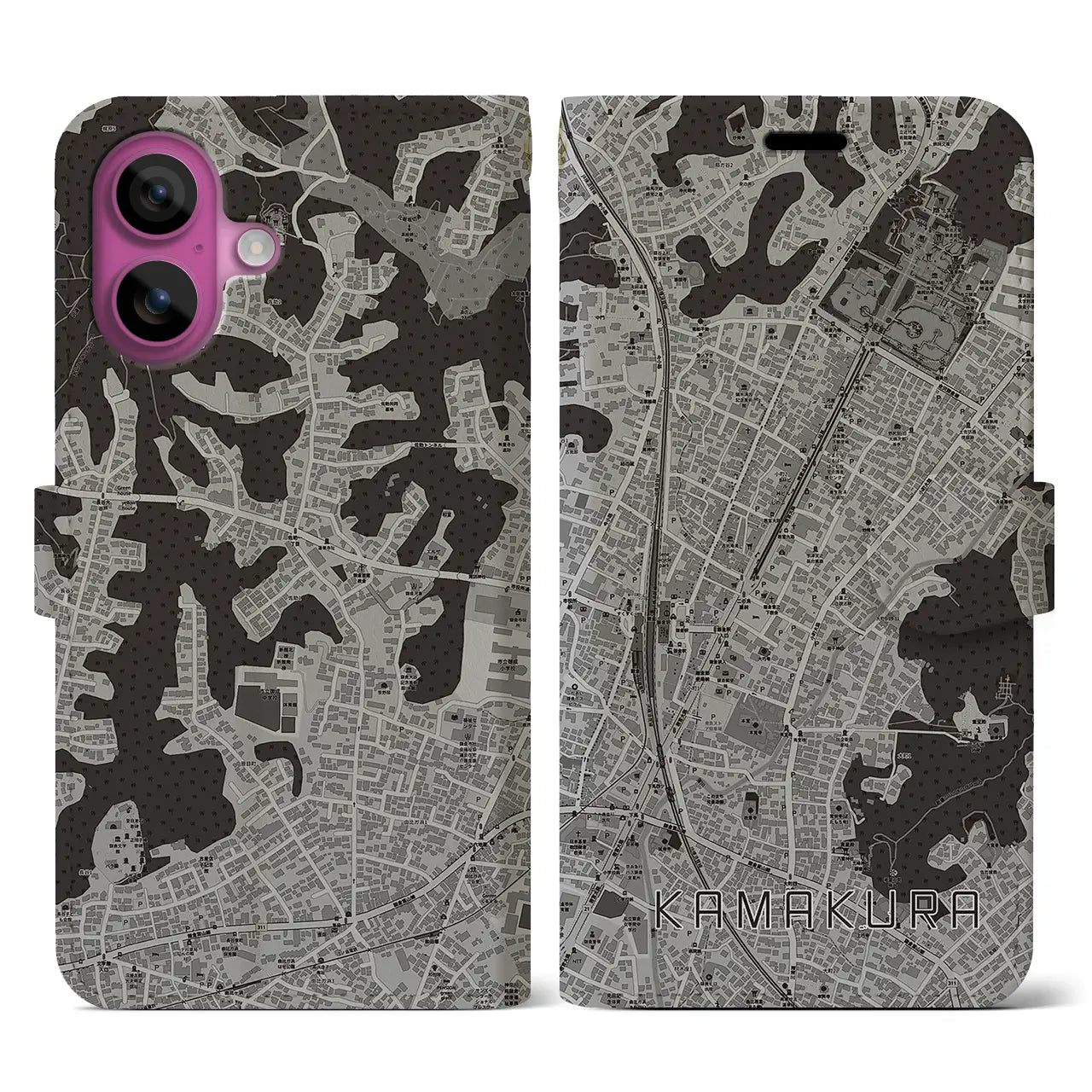 【鎌倉2(神奈川県)】地図柄iPhoneケース(手帳タイプ)モノトーン・iPhone 16 Pro 用
