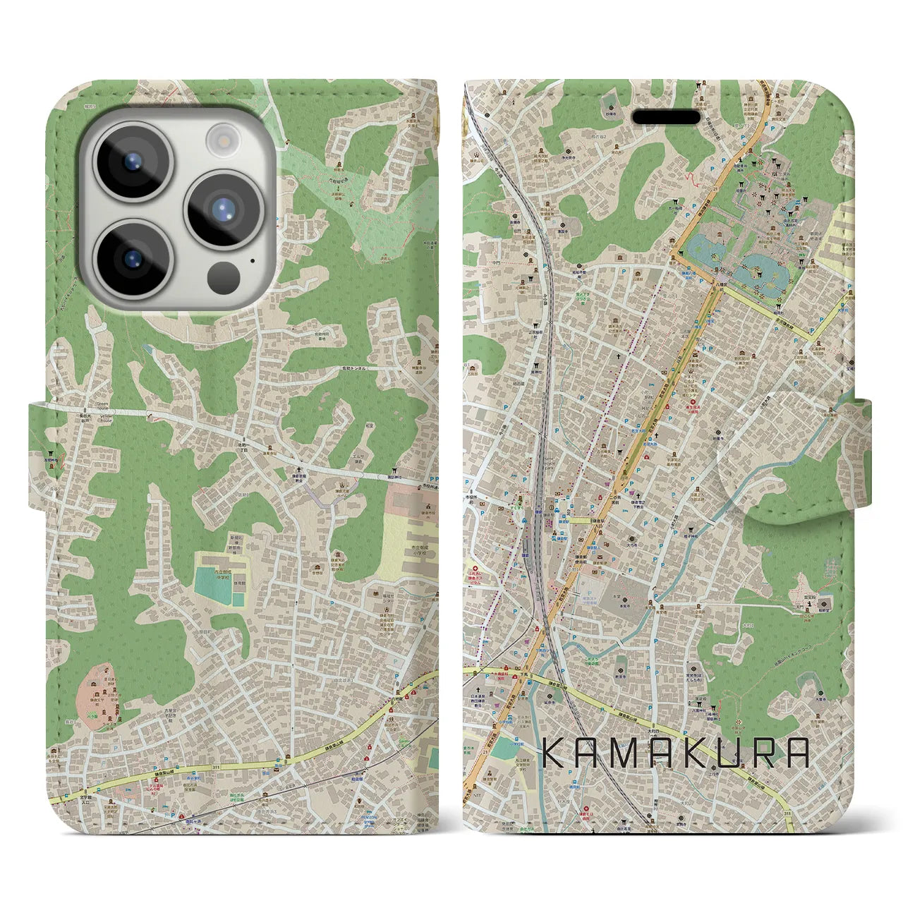 【鎌倉2(神奈川県)】地図柄iPhoneケース(手帳タイプ)ナチュラル・iPhone 15 Pro 用