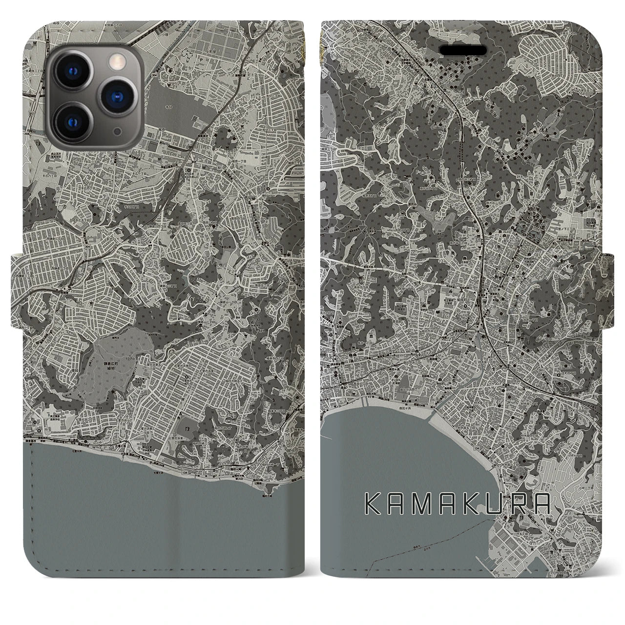 【鎌倉(神奈川県)】地図柄iPhoneケース(手帳タイプ)モノトーン・iPhone 11 Pro Max 用