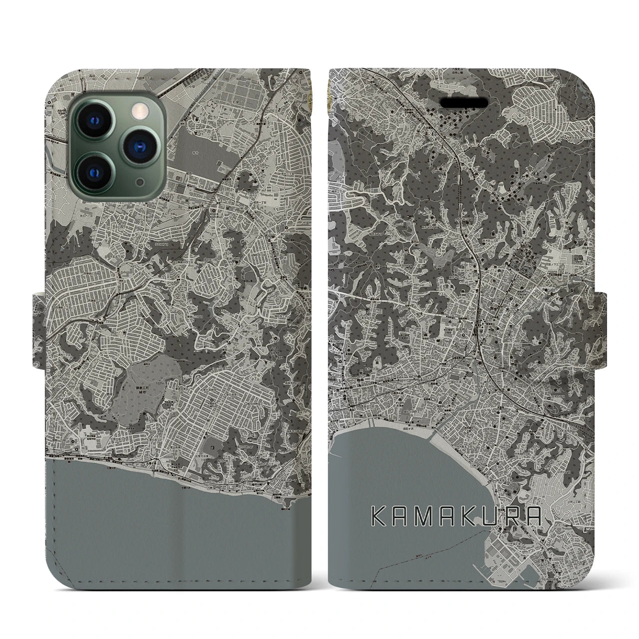 【鎌倉(神奈川県)】地図柄iPhoneケース(手帳タイプ)モノトーン・iPhone 11 Pro 用