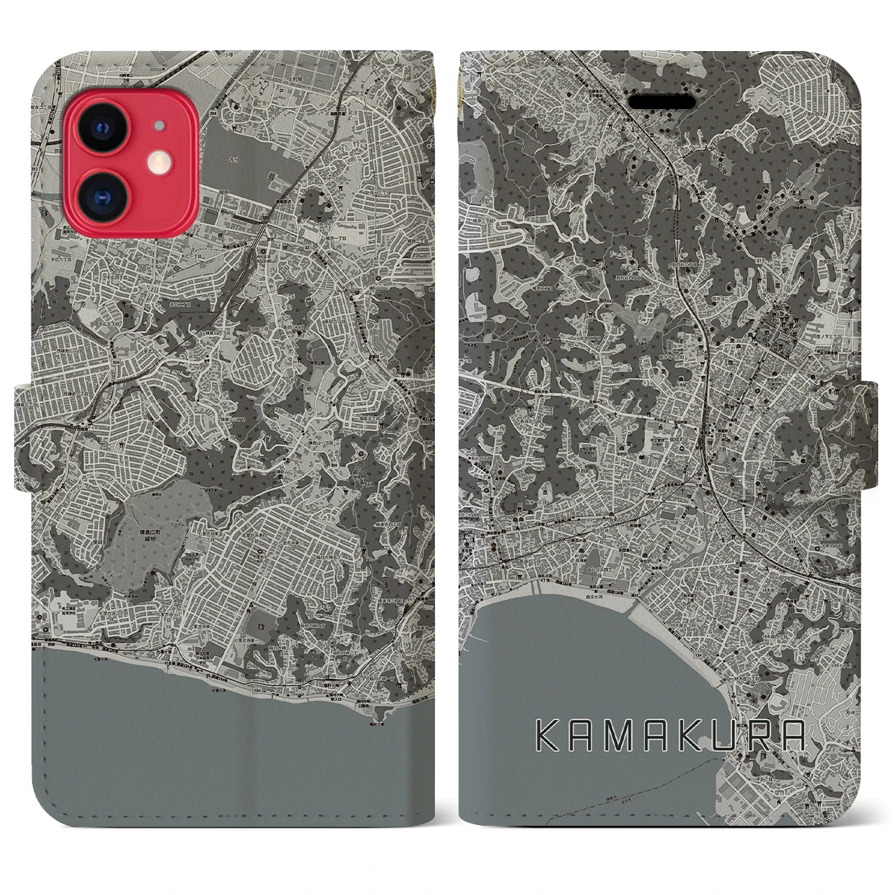 【鎌倉(神奈川県)】地図柄iPhoneケース(手帳タイプ)モノトーン・iPhone 11 用
