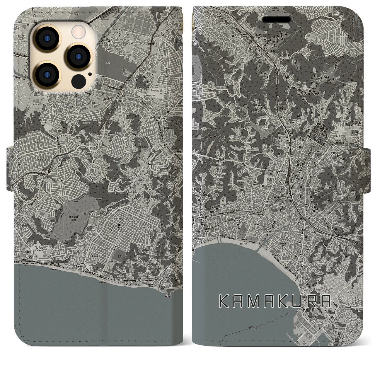 【鎌倉(神奈川県)】地図柄iPhoneケース(手帳タイプ)モノトーン・iPhone 12 Pro Max 用