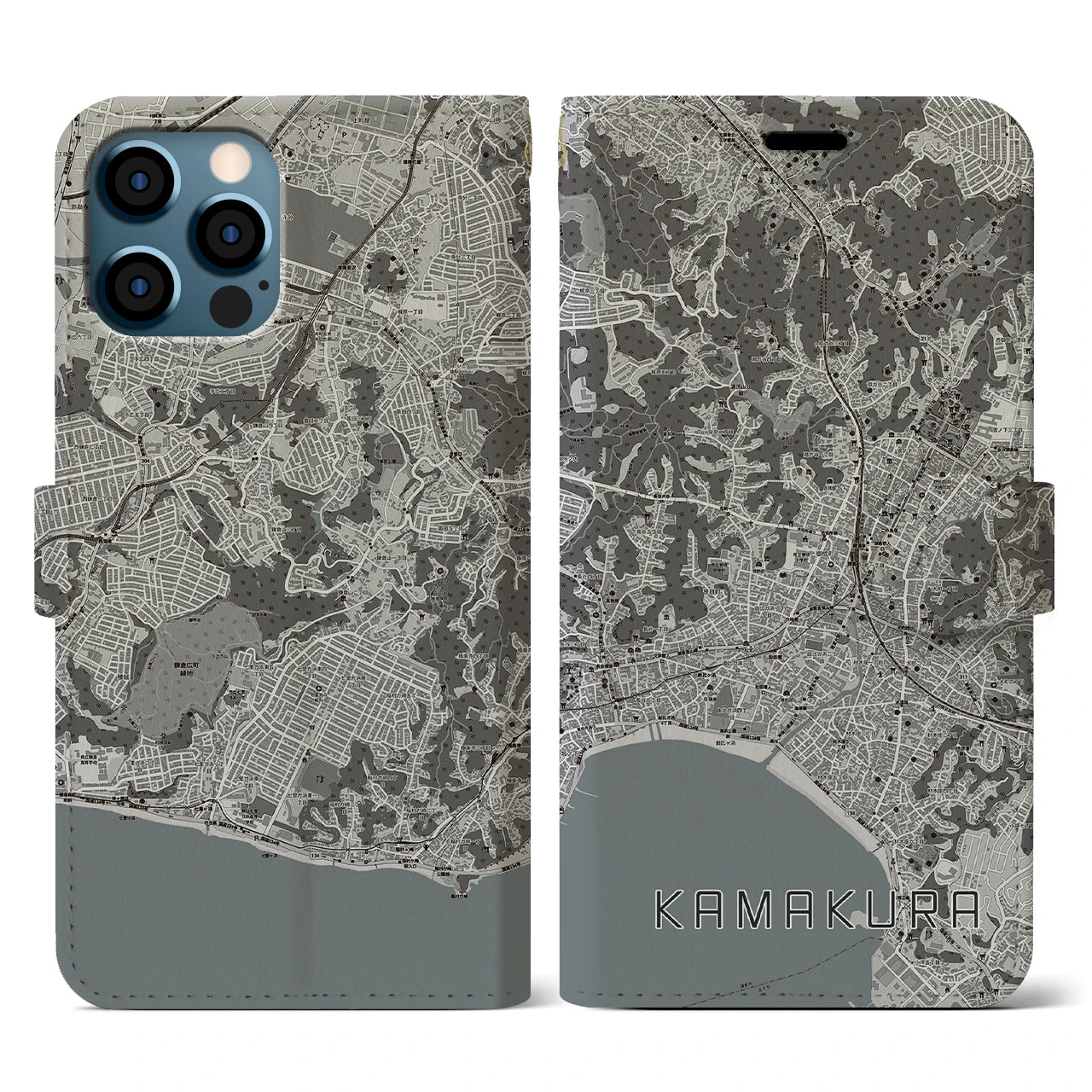 【鎌倉(神奈川県)】地図柄iPhoneケース(手帳タイプ)モノトーン・iPhone 12 / 12 Pro 用