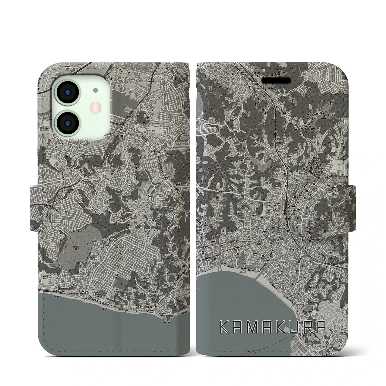 【鎌倉(神奈川県)】地図柄iPhoneケース(手帳タイプ)モノトーン・iPhone 12 mini 用