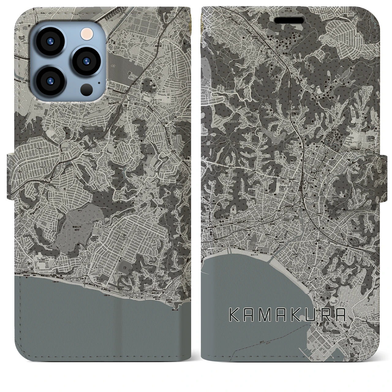 【鎌倉(神奈川県)】地図柄iPhoneケース(手帳タイプ)モノトーン・iPhone 13 Pro Max 用