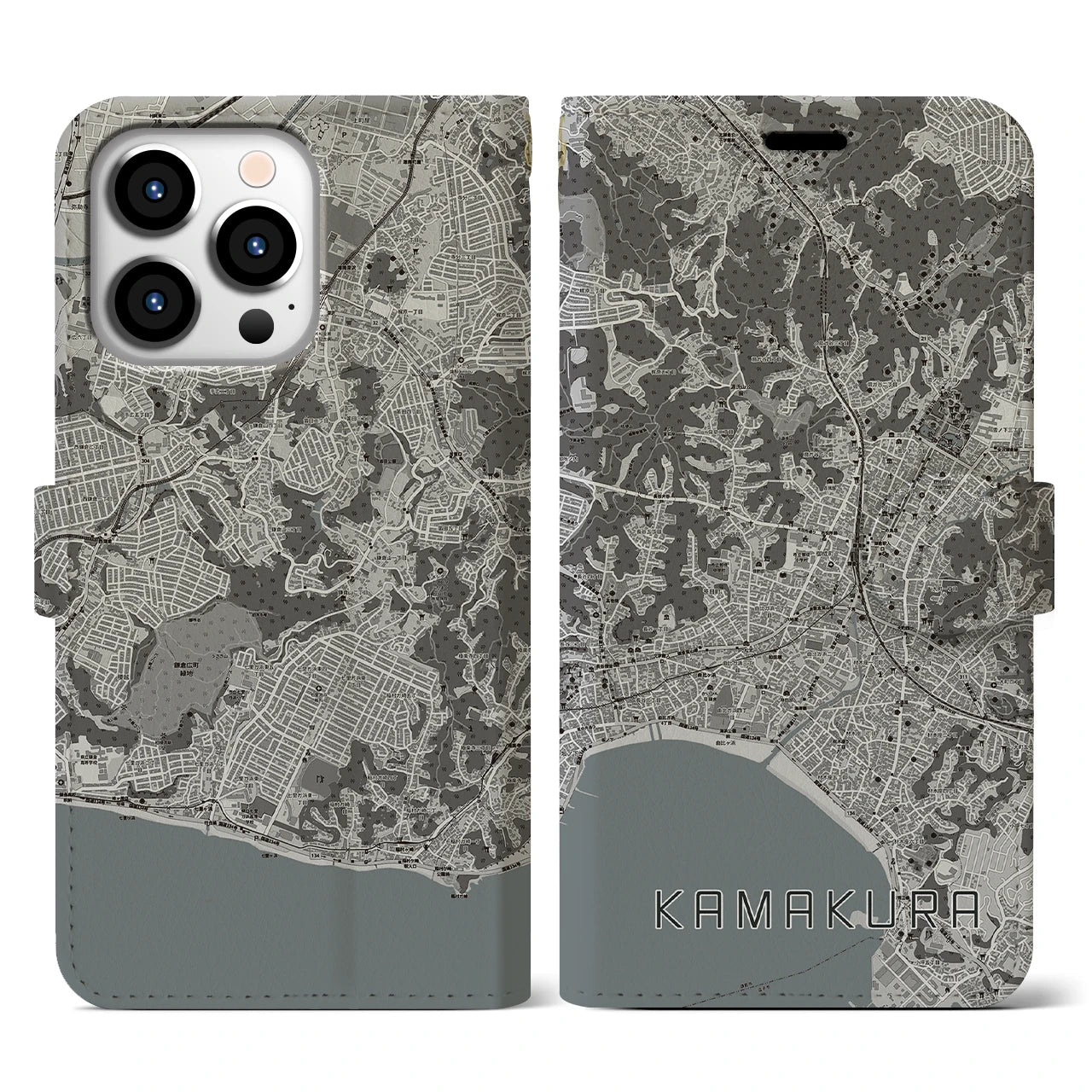 【鎌倉(神奈川県)】地図柄iPhoneケース(手帳タイプ)モノトーン・iPhone 13 Pro 用