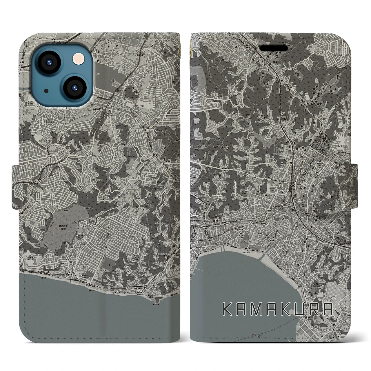 【鎌倉(神奈川県)】地図柄iPhoneケース(手帳タイプ)モノトーン・iPhone 13 用