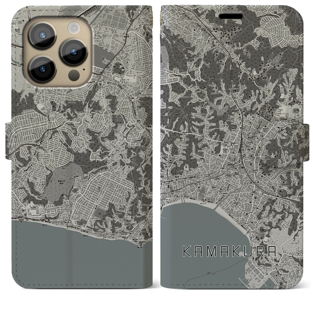 【鎌倉(神奈川県)】地図柄iPhoneケース(手帳タイプ)モノトーン・iPhone 14 Pro Max 用