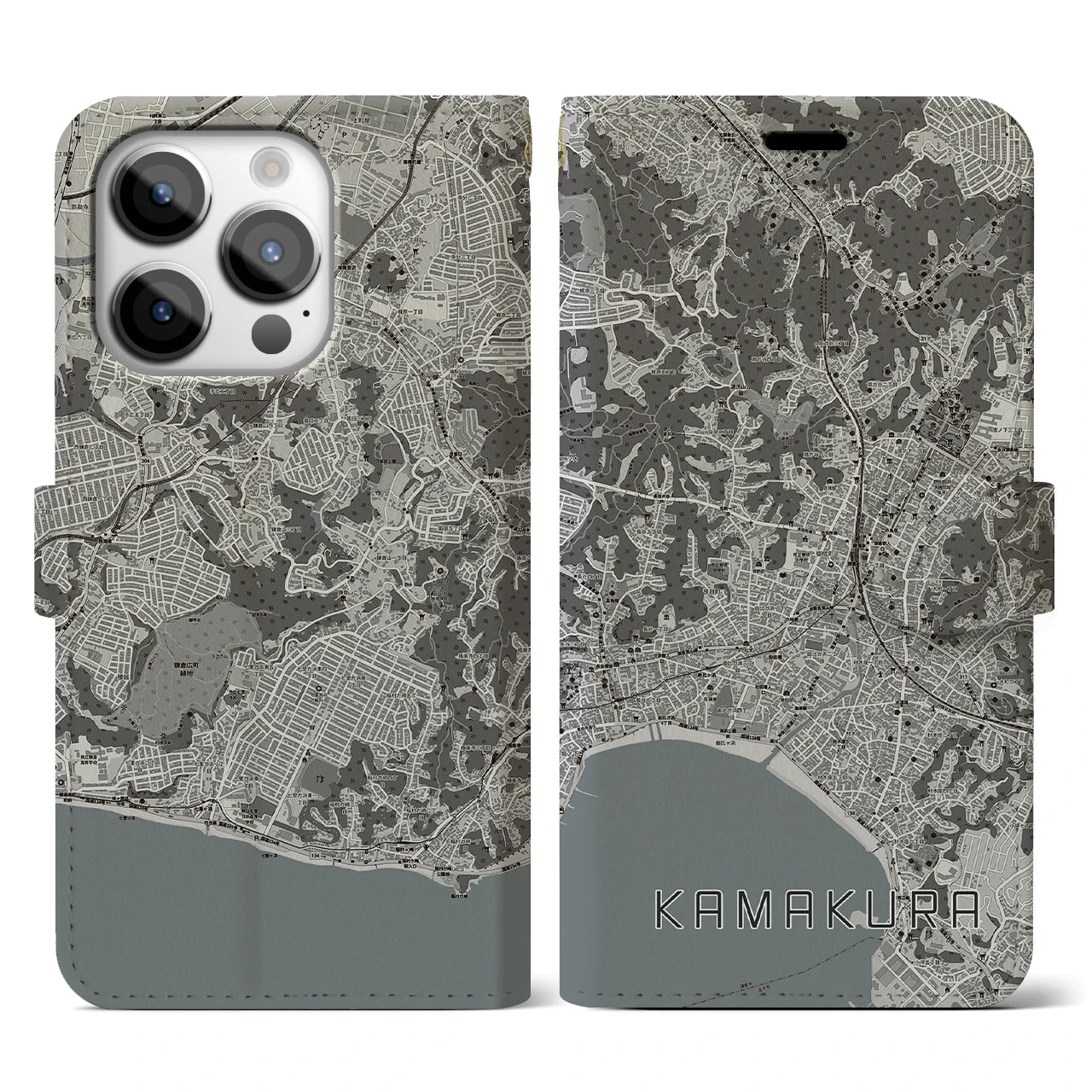 【鎌倉(神奈川県)】地図柄iPhoneケース(手帳タイプ)モノトーン・iPhone 14 Pro 用