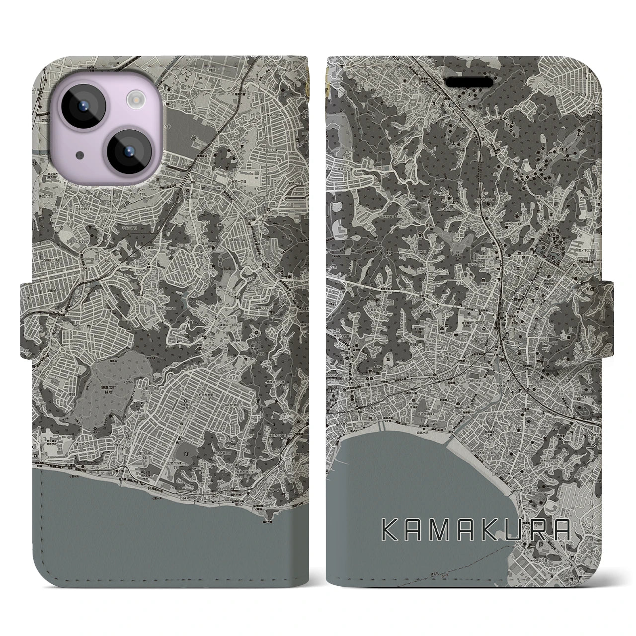 【鎌倉(神奈川県)】地図柄iPhoneケース(手帳タイプ)モノトーン・iPhone 14 用