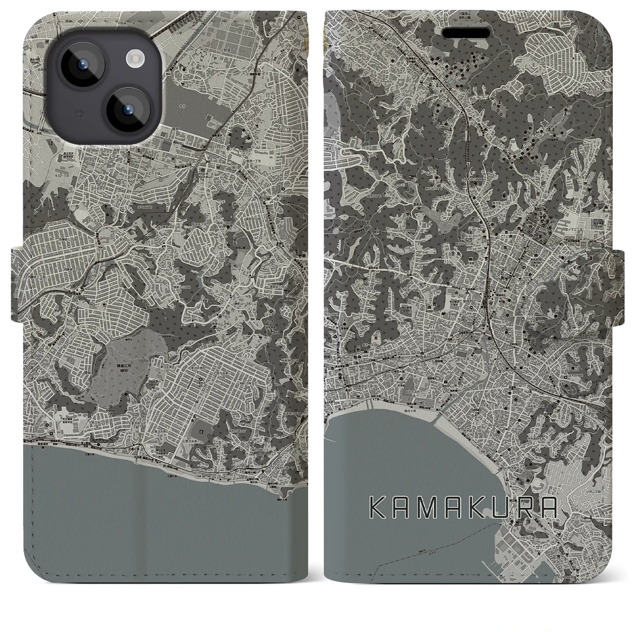 【鎌倉(神奈川県)】地図柄iPhoneケース(手帳タイプ)モノトーン・iPhone 14 Plus 用