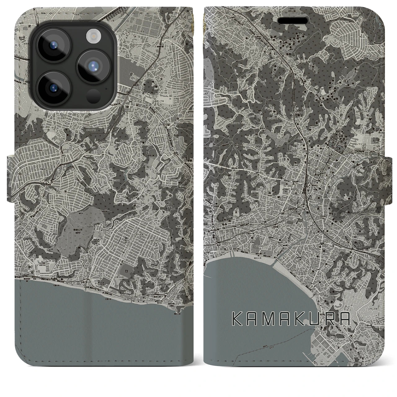 【鎌倉(神奈川県)】地図柄iPhoneケース(手帳タイプ)モノトーン・iPhone 15 Pro Max 用