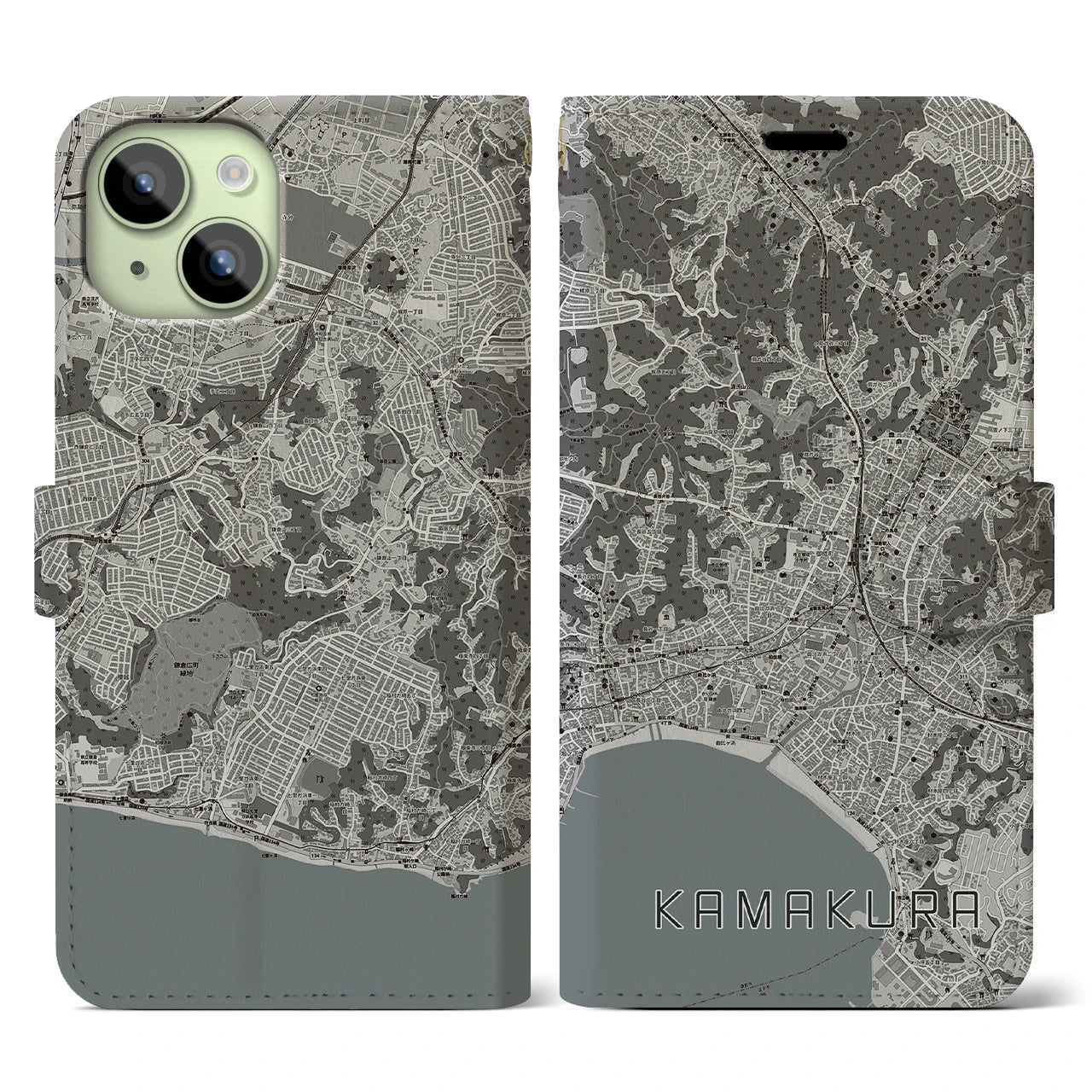 【鎌倉(神奈川県)】地図柄iPhoneケース(手帳タイプ)モノトーン・iPhone 15 用