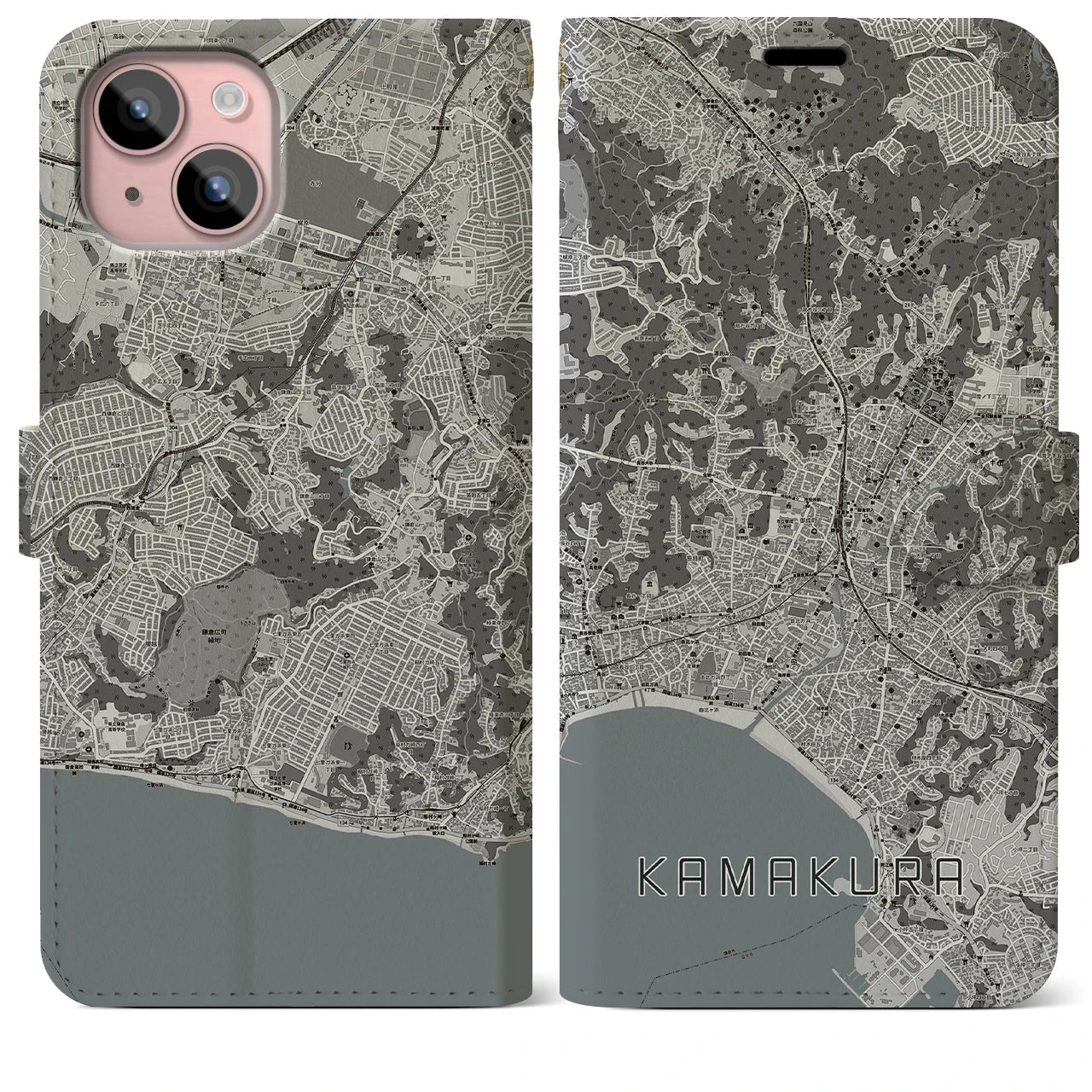 【鎌倉(神奈川県)】地図柄iPhoneケース(手帳タイプ)モノトーン・iPhone 15 Plus 用