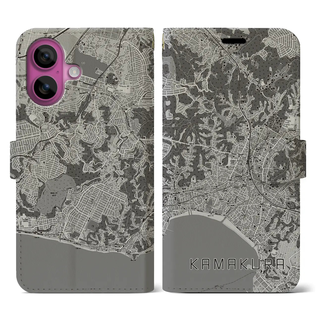 【鎌倉(神奈川県)】地図柄iPhoneケース(手帳タイプ)モノトーン・iPhone 16 Pro 用