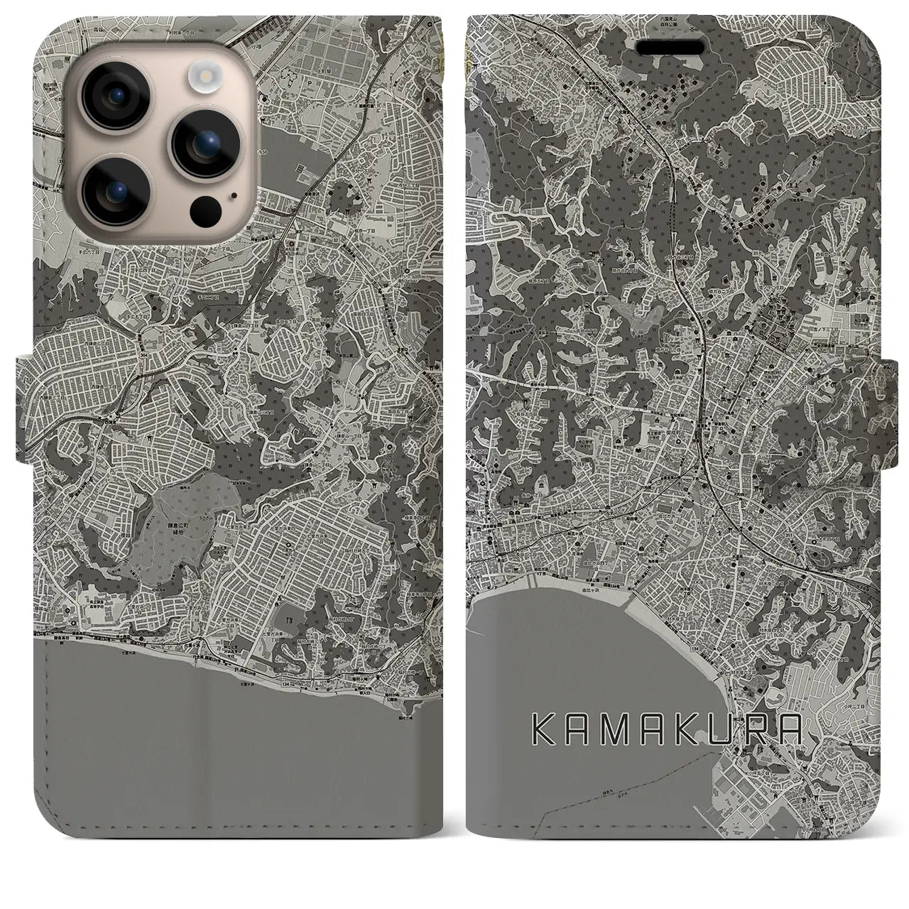 【鎌倉(神奈川県)】地図柄iPhoneケース(手帳タイプ)モノトーン・iPhone 16 Plus 用