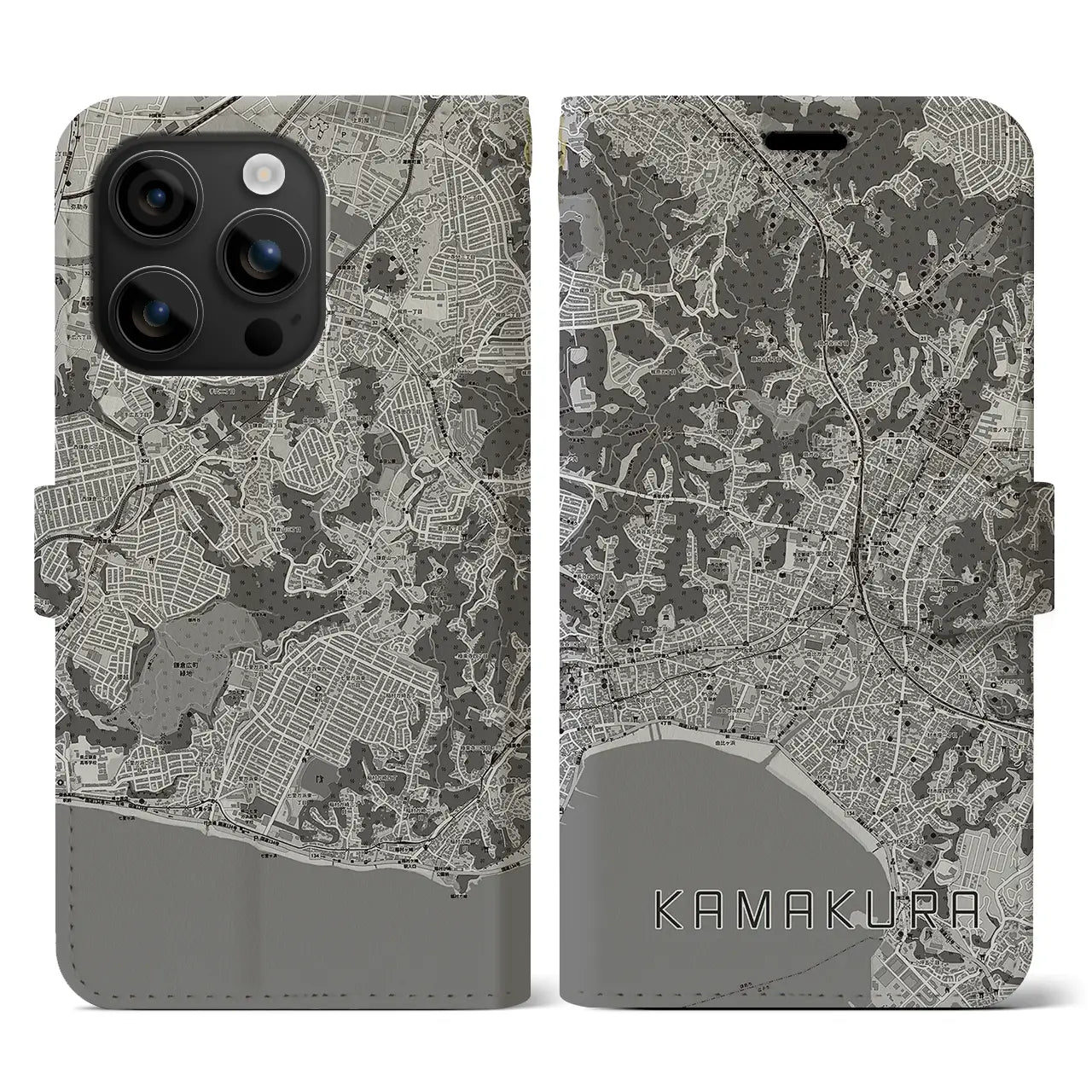 【鎌倉(神奈川県)】地図柄iPhoneケース(手帳タイプ)モノトーン・iPhone 16 用