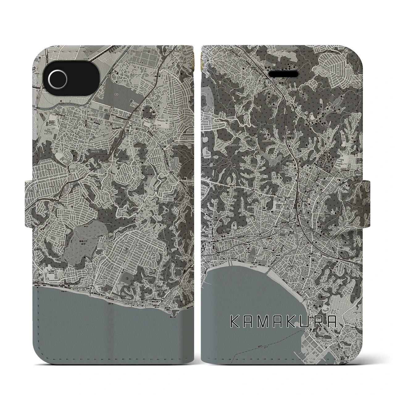 【鎌倉(神奈川県)】地図柄iPhoneケース(手帳タイプ)モノトーン・iPhone SE(第3 / 第2世代) / 8 / 7 / 6s / 6 用