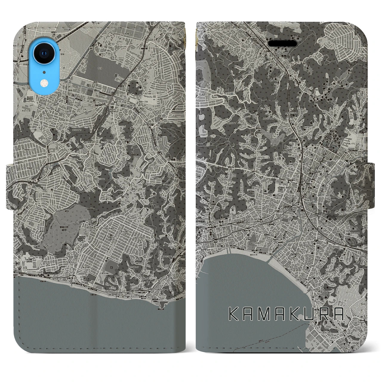 【鎌倉(神奈川県)】地図柄iPhoneケース(手帳タイプ)モノトーン・iPhone XR 用