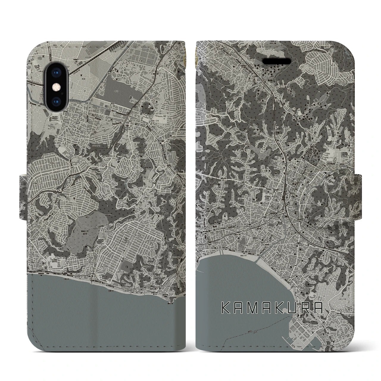 【鎌倉(神奈川県)】地図柄iPhoneケース(手帳タイプ)モノトーン・iPhone XS / X 用