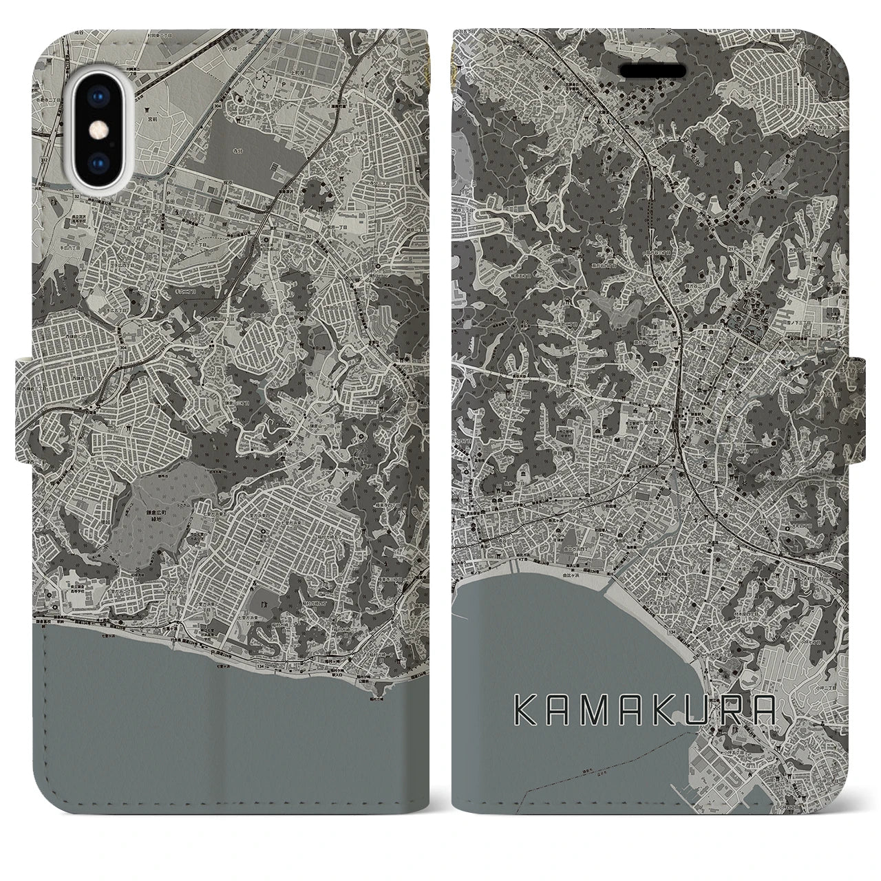 【鎌倉(神奈川県)】地図柄iPhoneケース(手帳タイプ)モノトーン・iPhone XS Max 用