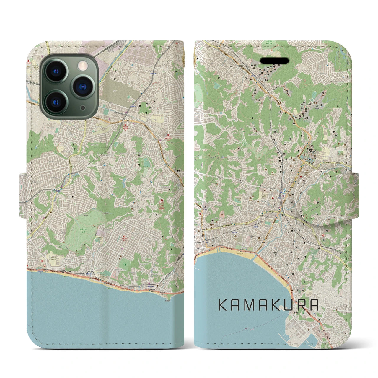 【鎌倉(神奈川県)】地図柄iPhoneケース(手帳タイプ)ナチュラル・iPhone 11 Pro 用