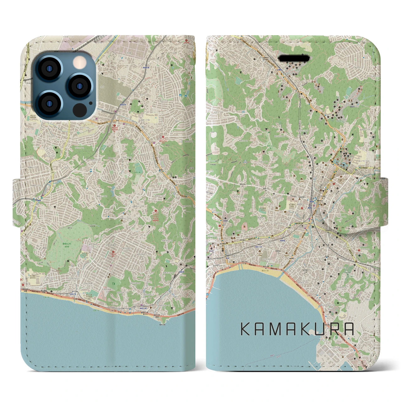 【鎌倉(神奈川県)】地図柄iPhoneケース(手帳タイプ)ナチュラル・iPhone 12 / 12 Pro 用