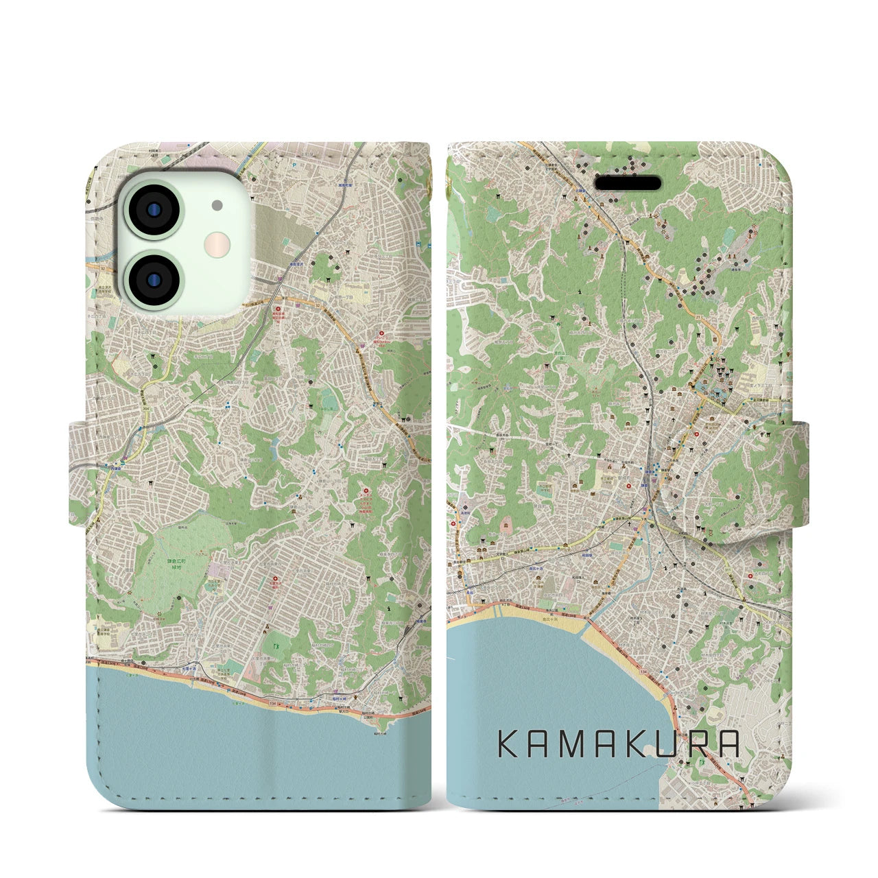 【鎌倉(神奈川県)】地図柄iPhoneケース(手帳タイプ)ナチュラル・iPhone 12 mini 用