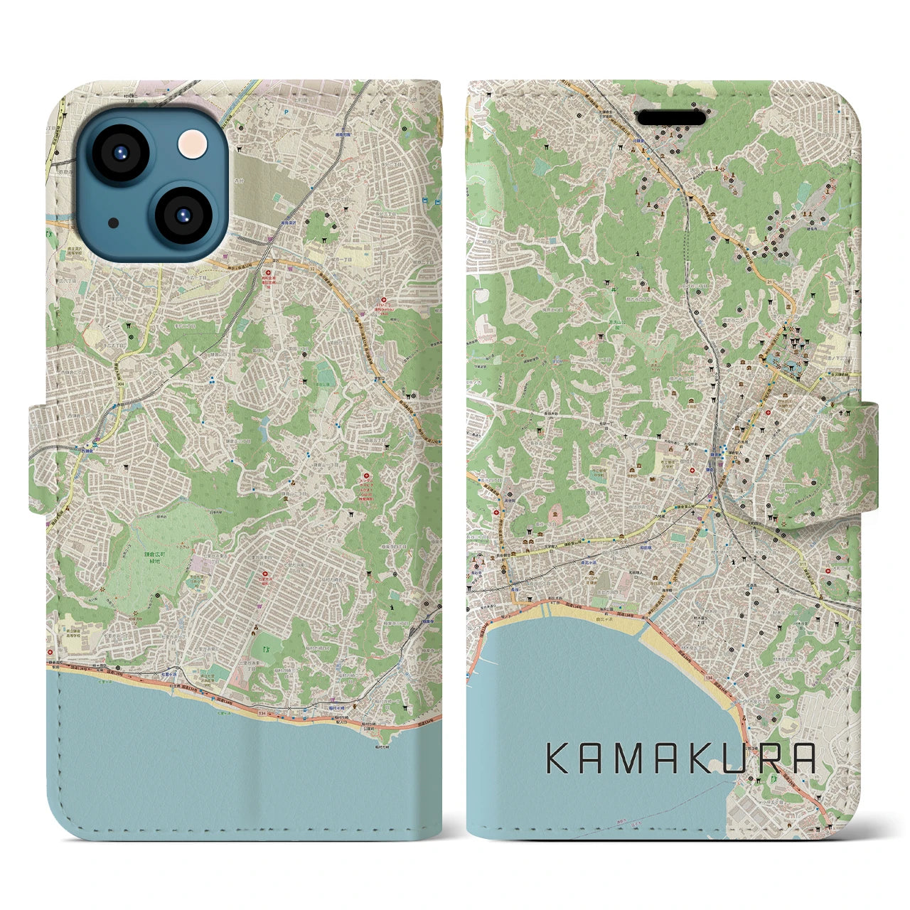 【鎌倉(神奈川県)】地図柄iPhoneケース(手帳タイプ)ナチュラル・iPhone 13 用