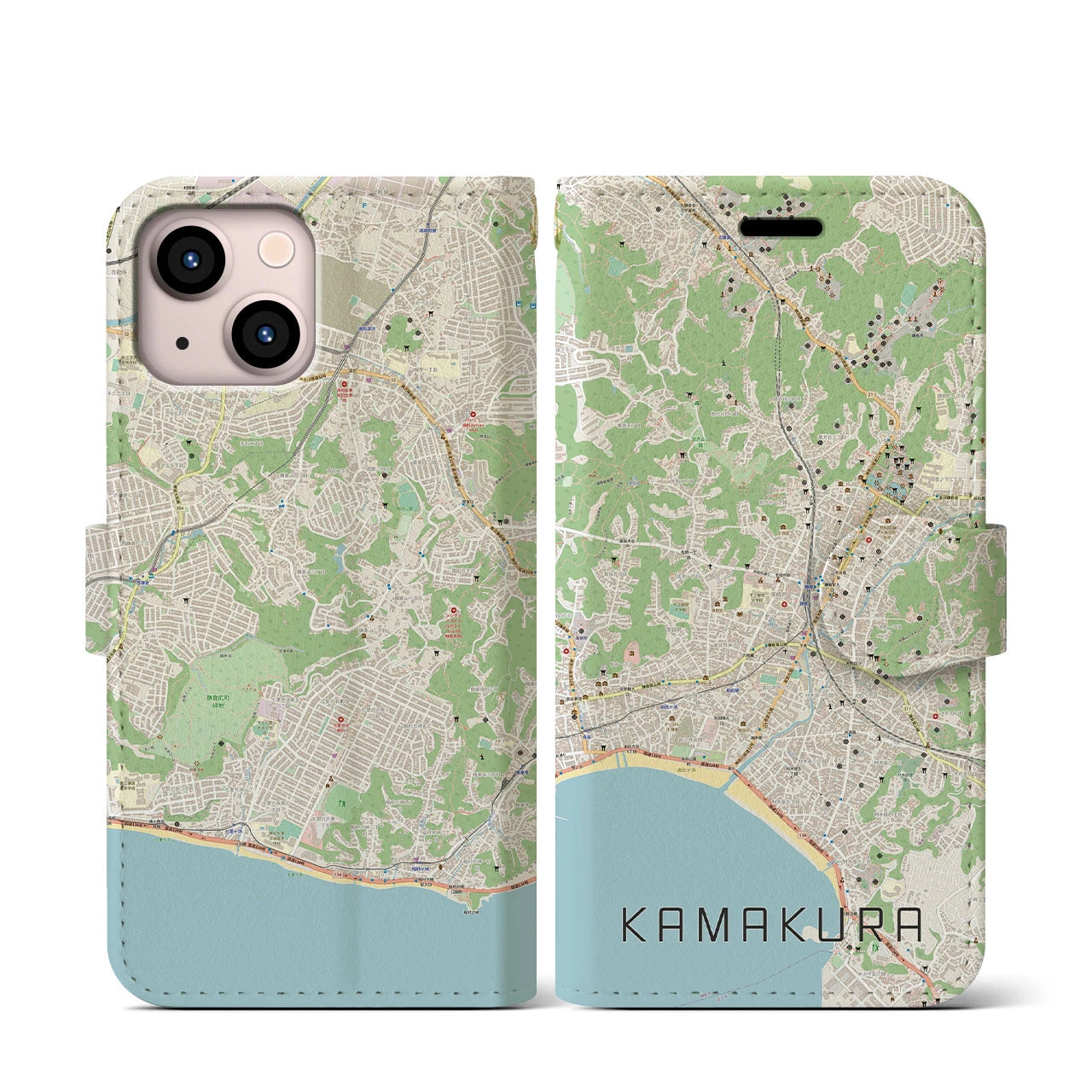【鎌倉(神奈川県)】地図柄iPhoneケース(手帳タイプ)ナチュラル・iPhone 13 mini 用