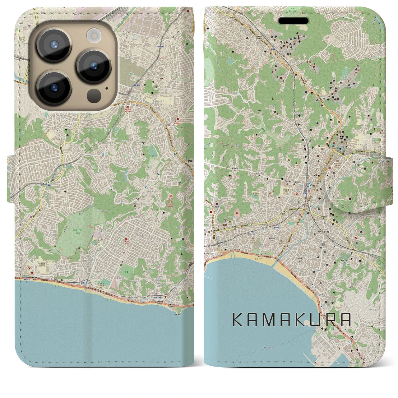 【鎌倉(神奈川県)】地図柄iPhoneケース(手帳タイプ)ナチュラル・iPhone 14 Pro Max 用
