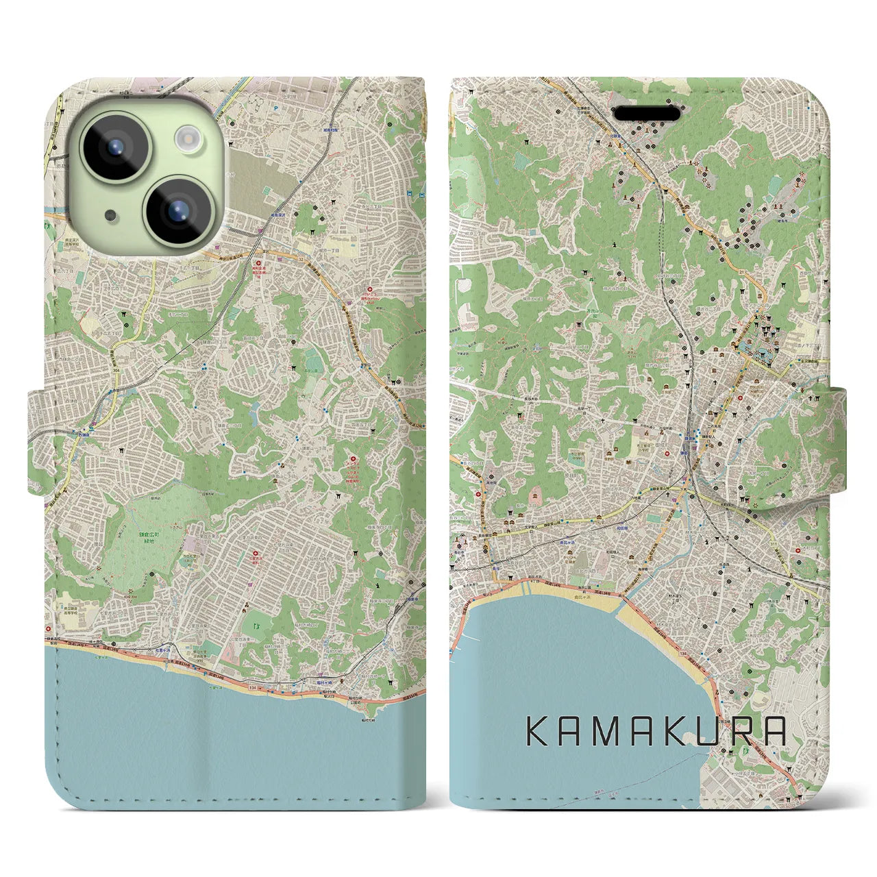 【鎌倉(神奈川県)】地図柄iPhoneケース(手帳タイプ)ナチュラル・iPhone 15 用