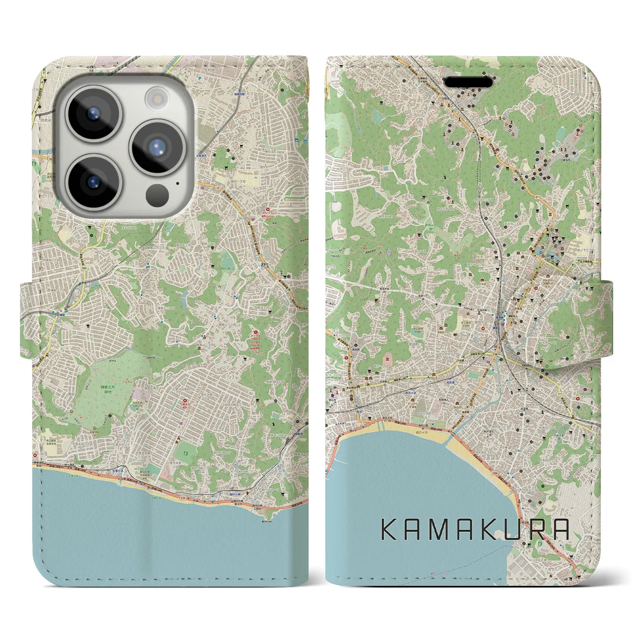 【鎌倉(神奈川県)】地図柄iPhoneケース(手帳タイプ)ナチュラル・iPhone 15 Pro 用