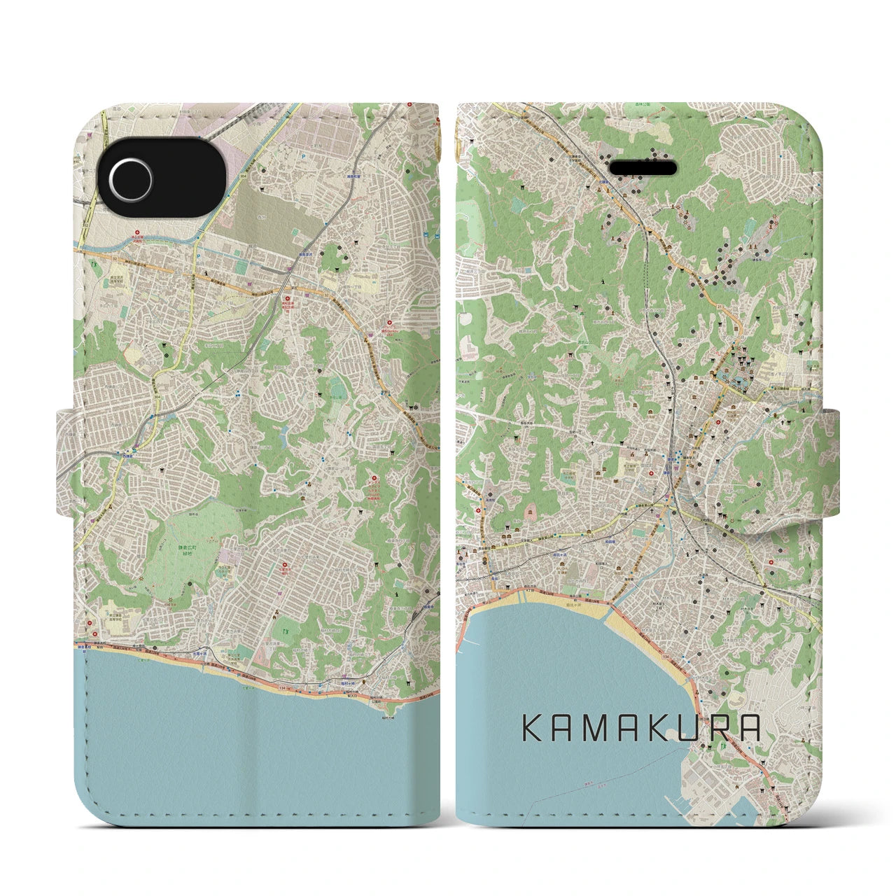 【鎌倉(神奈川県)】地図柄iPhoneケース(手帳タイプ)ナチュラル・iPhone SE(第3 / 第2世代) / 8 / 7 / 6s / 6 用